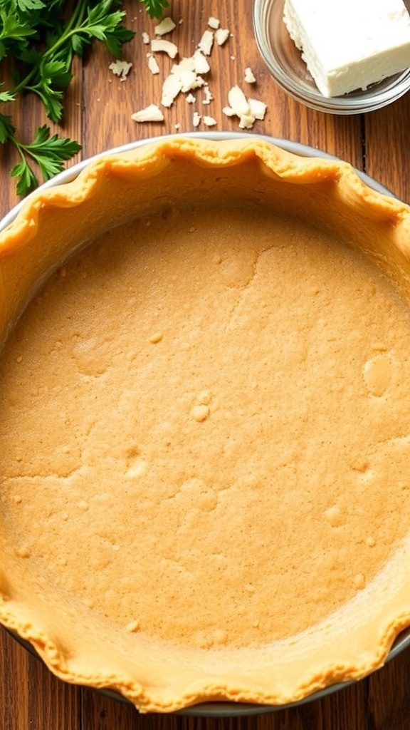 A freshly baked keto crust in a pie pan, golden and inviting, surrounded by fresh ingredients.